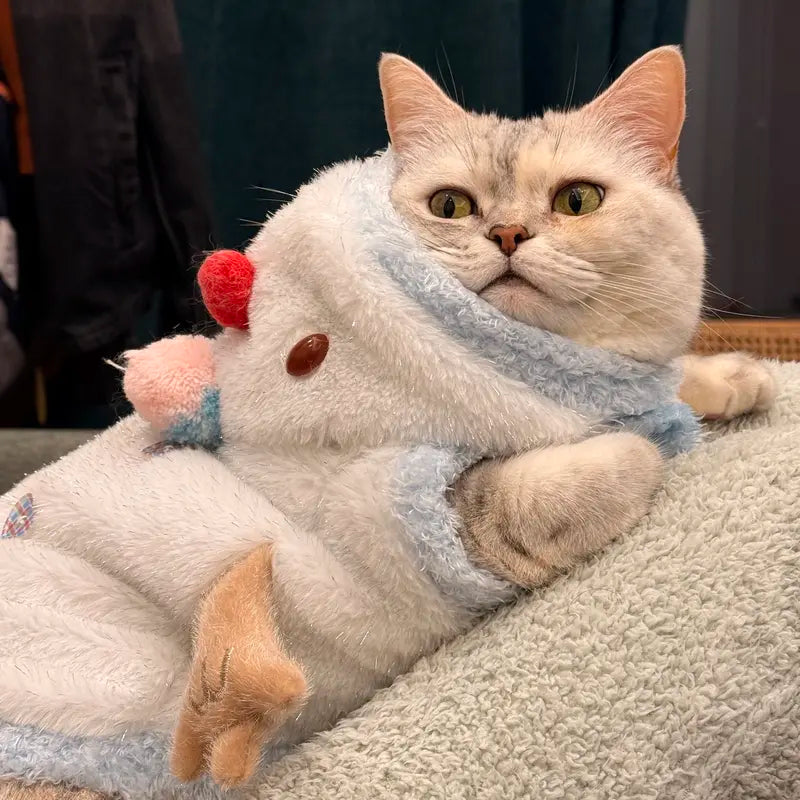 Snowman Christmas Pet Costume - Plush Hooded Outfit with D-Ring Leash Hole for Small to Medium Dogs and Cats, Winter Holiday Apparel