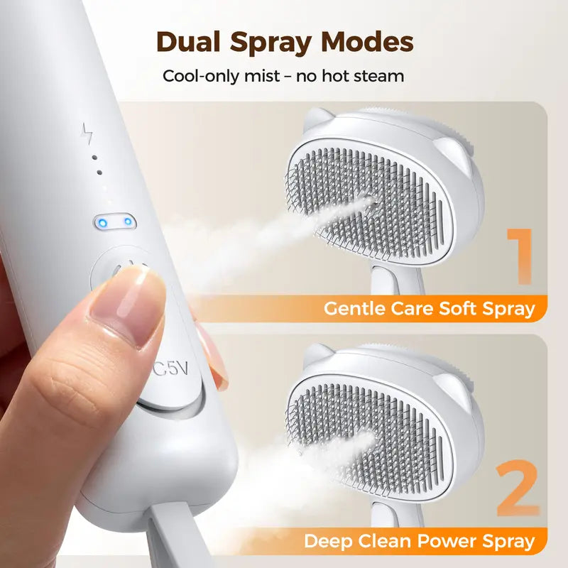 4-in-1 Rechargeable Pet Grooming Brush with Self-Cleaning Deshedding Function, Dual-Speed Mist Spray, Stainless Steel Pins, Detangling Massage Comb, and Silicone Hair Remover for Cats and Dogs
