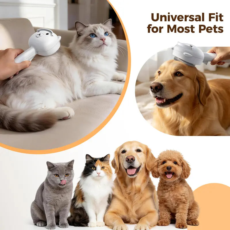 4-in-1 Rechargeable Pet Grooming Brush with Self-Cleaning Deshedding Function, Dual-Speed Mist Spray, Stainless Steel Pins, Detangling Massage Comb, and Silicone Hair Remover for Cats and Dogs
