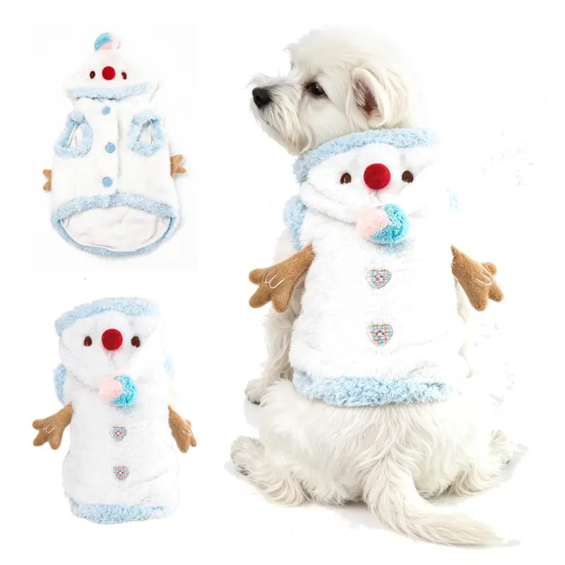 Snowman Christmas Pet Costume - Plush Hooded Outfit with D-Ring Leash Hole for Small to Medium Dogs and Cats, Winter Holiday Apparel