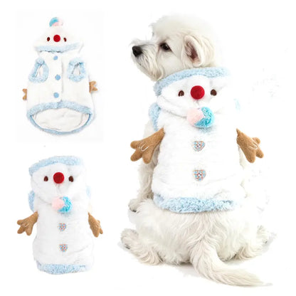 Snowman Christmas Pet Costume - Plush Hooded Outfit with D-Ring Leash Hole for Small to Medium Dogs and Cats, Winter Holiday Apparel