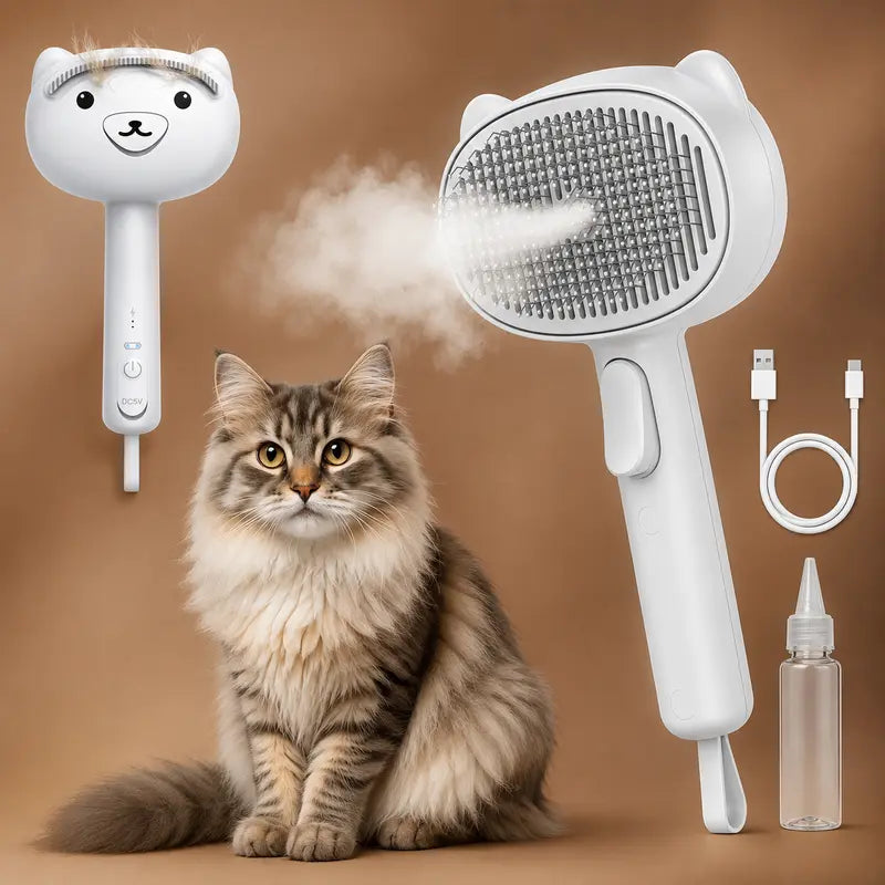 4-in-1 Rechargeable Pet Grooming Brush with Self-Cleaning Deshedding Function, Dual-Speed Mist Spray, Stainless Steel Pins, Detangling Massage Comb, and Silicone Hair Remover for Cats and Dogs