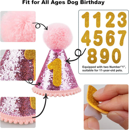 Dog Birthday Celebration Supplies: Bandana, Hat, Banner Set with Bow Tie Scarf - Cute Decorations for Boys and Girls (Pink with Balloon)