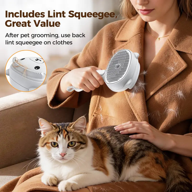 4-in-1 Rechargeable Pet Grooming Brush with Self-Cleaning Deshedding Function, Dual-Speed Mist Spray, Stainless Steel Pins, Detangling Massage Comb, and Silicone Hair Remover for Cats and Dogs