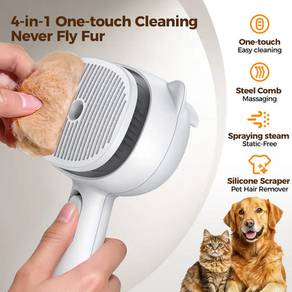 4-in-1 Rechargeable Pet Grooming Brush with Self-Cleaning Deshedding Function, Dual-Speed Mist Spray, Stainless Steel Pins, Detangling Massage Comb, and Silicone Hair Remover for Cats and Dogs