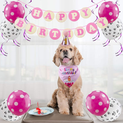 Dog Birthday Celebration Supplies: Bandana, Hat, Banner Set with Bow Tie Scarf - Cute Decorations for Boys and Girls (Pink with Balloon)