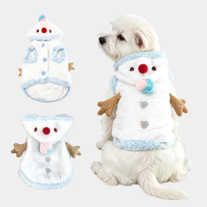Snowman Christmas Pet Costume - Plush Hooded Outfit with D-Ring Leash Hole for Small to Medium Dogs and Cats, Winter Holiday Apparel