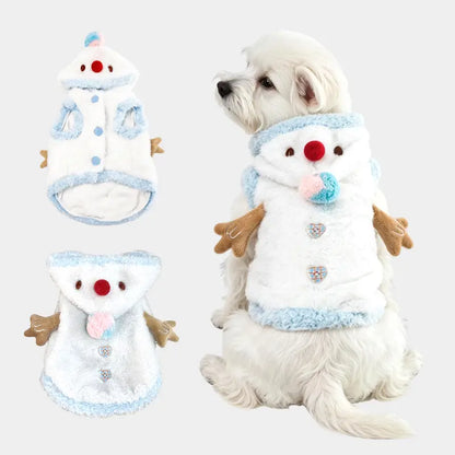 Snowman Christmas Pet Costume - Plush Hooded Outfit with D-Ring Leash Hole for Small to Medium Dogs and Cats, Winter Holiday Apparel