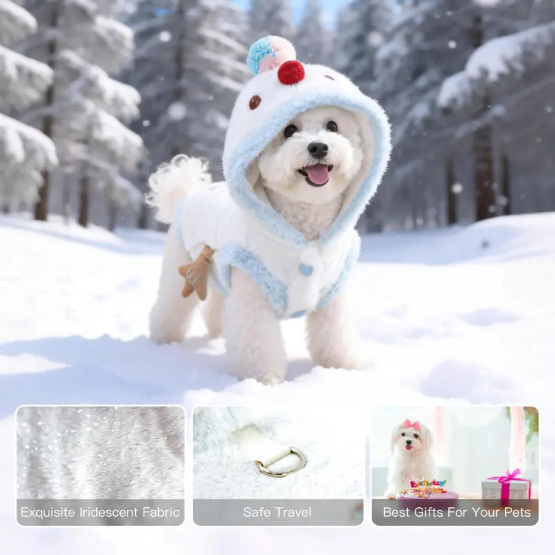 Snowman Christmas Pet Costume - Plush Hooded Outfit with D-Ring Leash Hole for Small to Medium Dogs and Cats, Winter Holiday Apparel