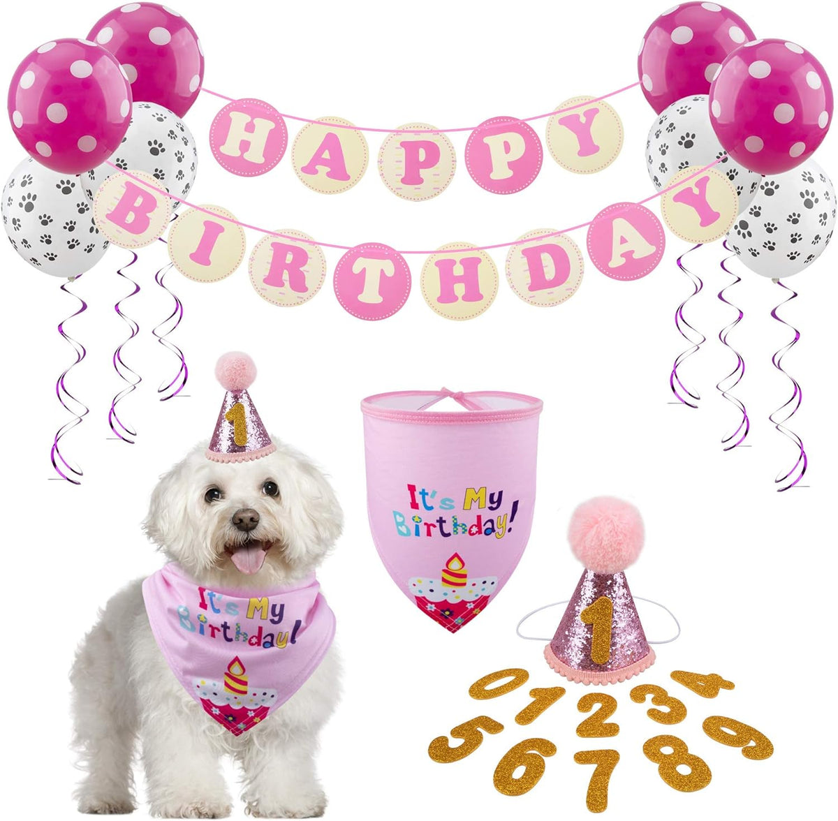 Dog Birthday Celebration Supplies: Bandana, Hat, Banner Set with Bow Tie Scarf - Cute Decorations for Boys and Girls (Pink with Balloon)