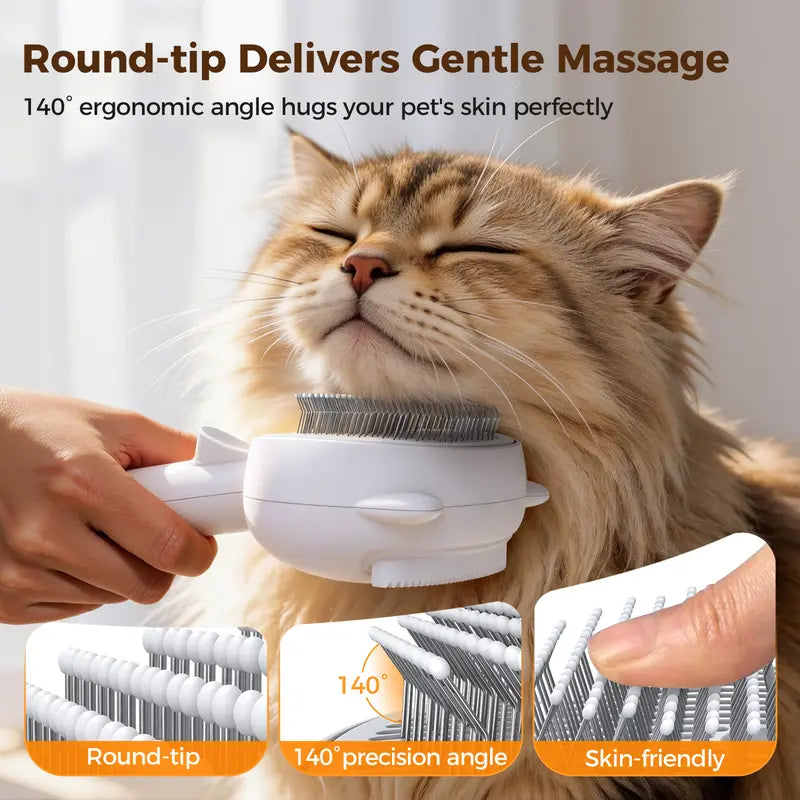 4-in-1 Rechargeable Pet Grooming Brush with Self-Cleaning Deshedding Function, Dual-Speed Mist Spray, Stainless Steel Pins, Detangling Massage Comb, and Silicone Hair Remover for Cats and Dogs