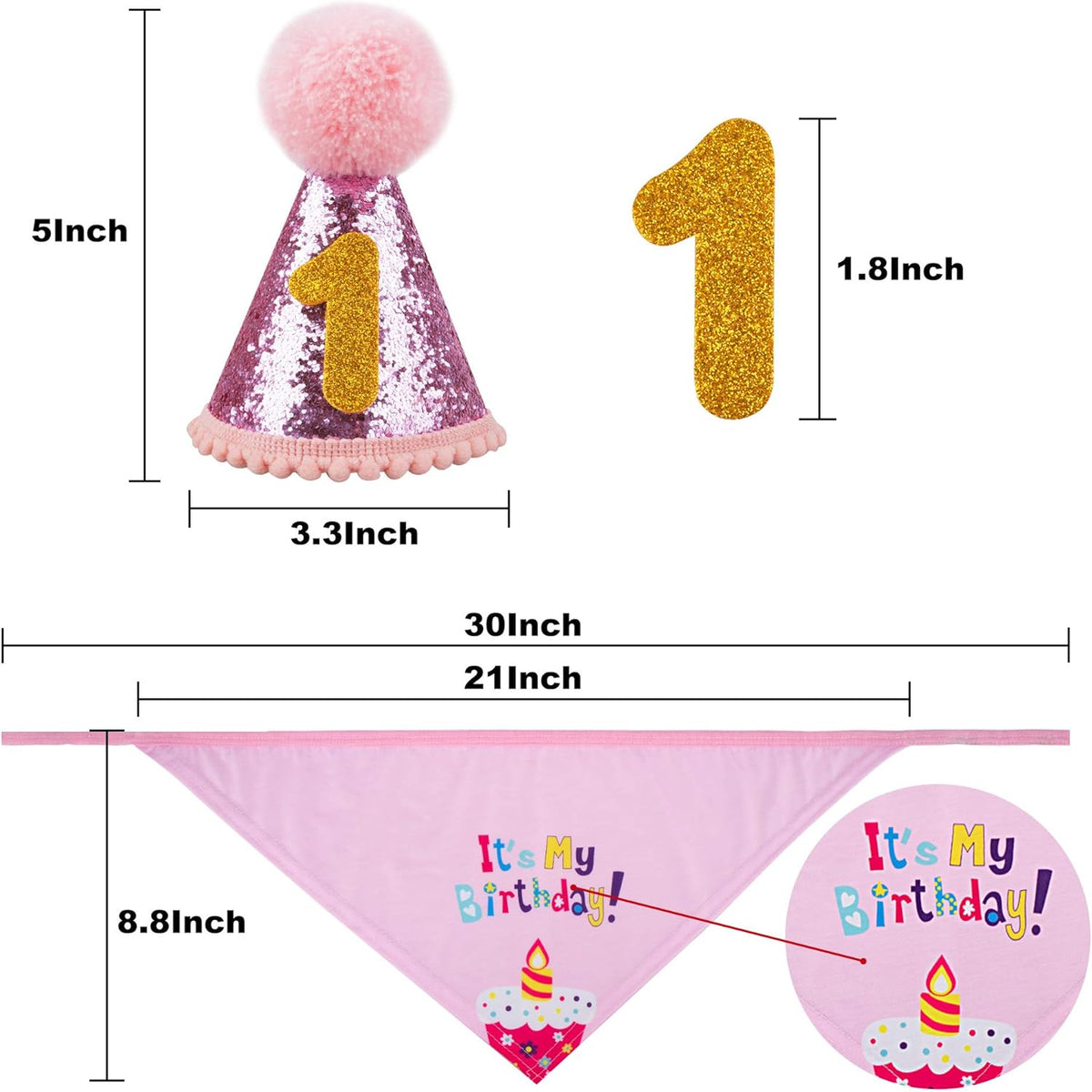 Dog Birthday Celebration Supplies: Bandana, Hat, Banner Set with Bow Tie Scarf - Cute Decorations for Boys and Girls (Pink with Balloon)